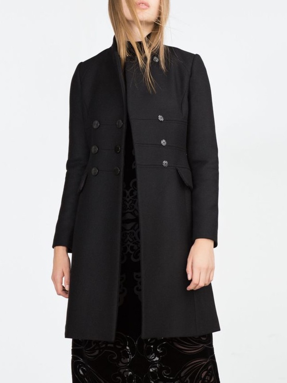 ZARA Neutral Black Mid-Length Snap Button Defined Waist Tailored Wool Coat